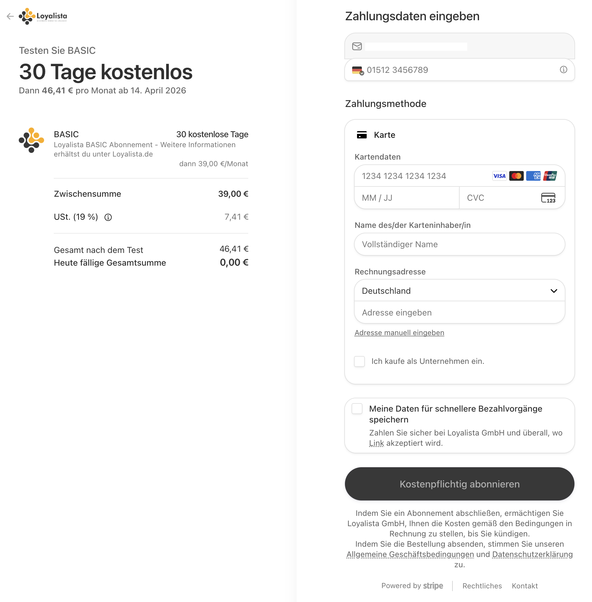 Loyalista Checkout und Zahlungsdaten