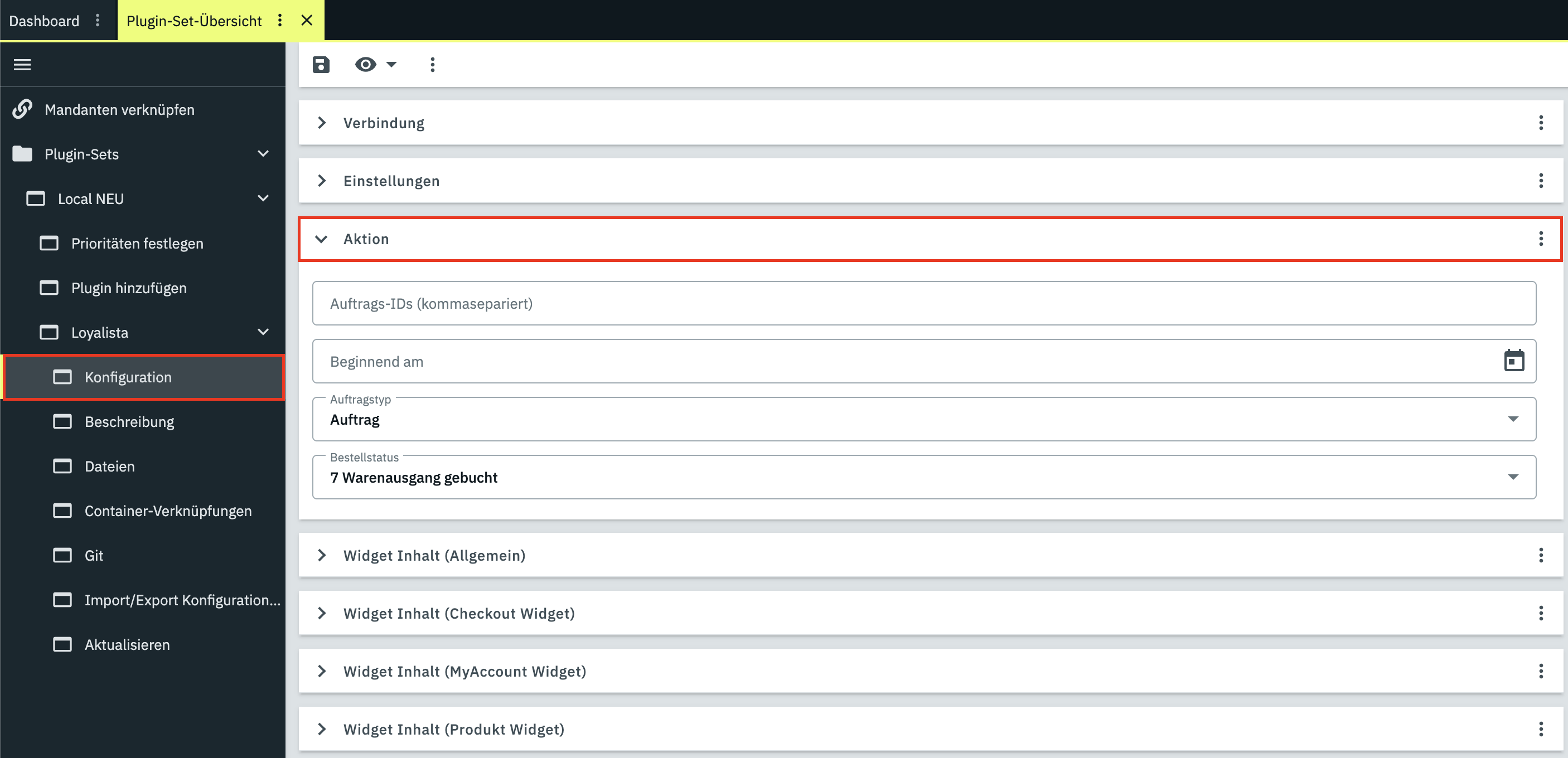PlentyONE Plugin Aktion Einstellungen