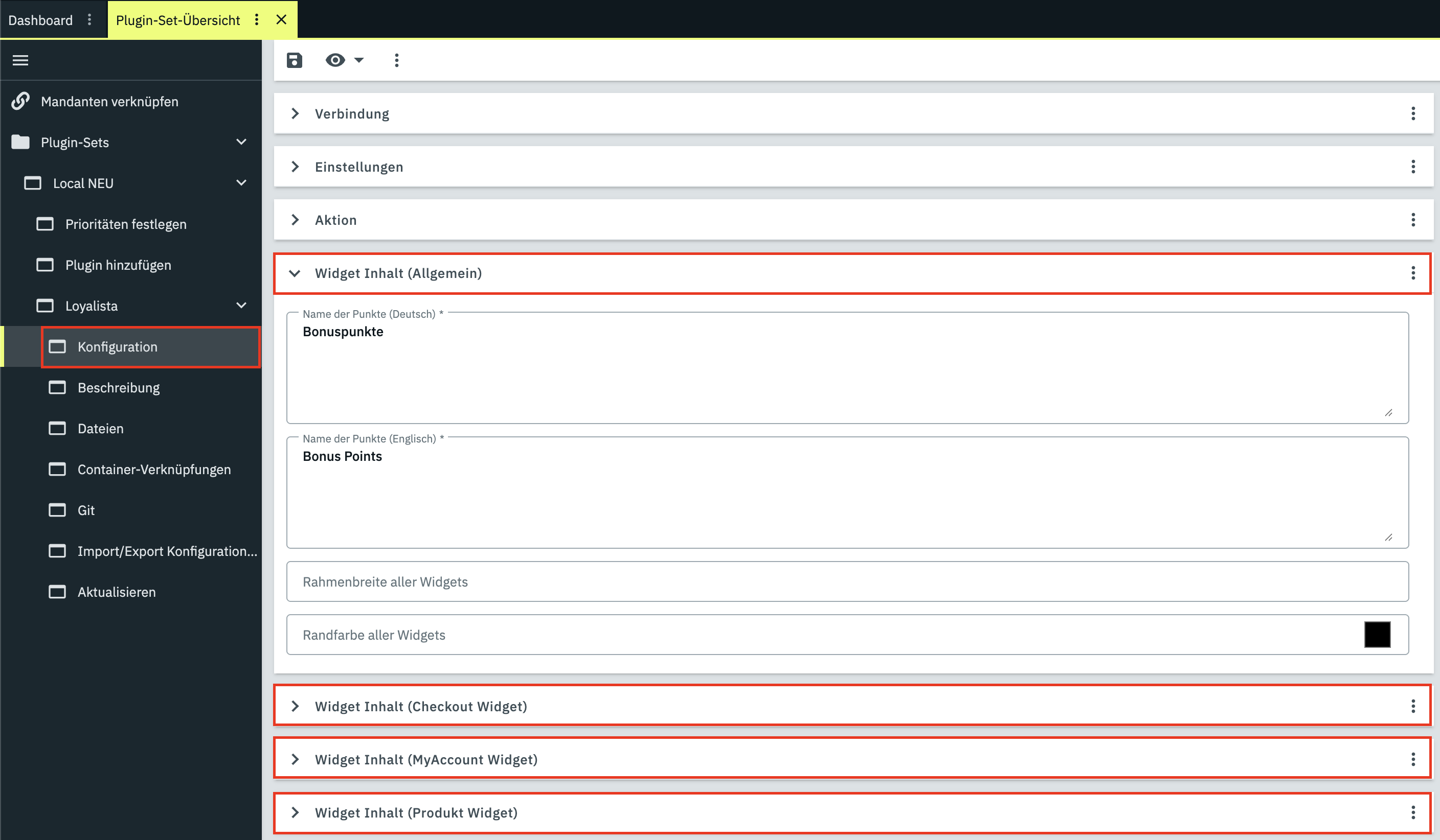 Widget Inhalt Konfiguration PlentyONE