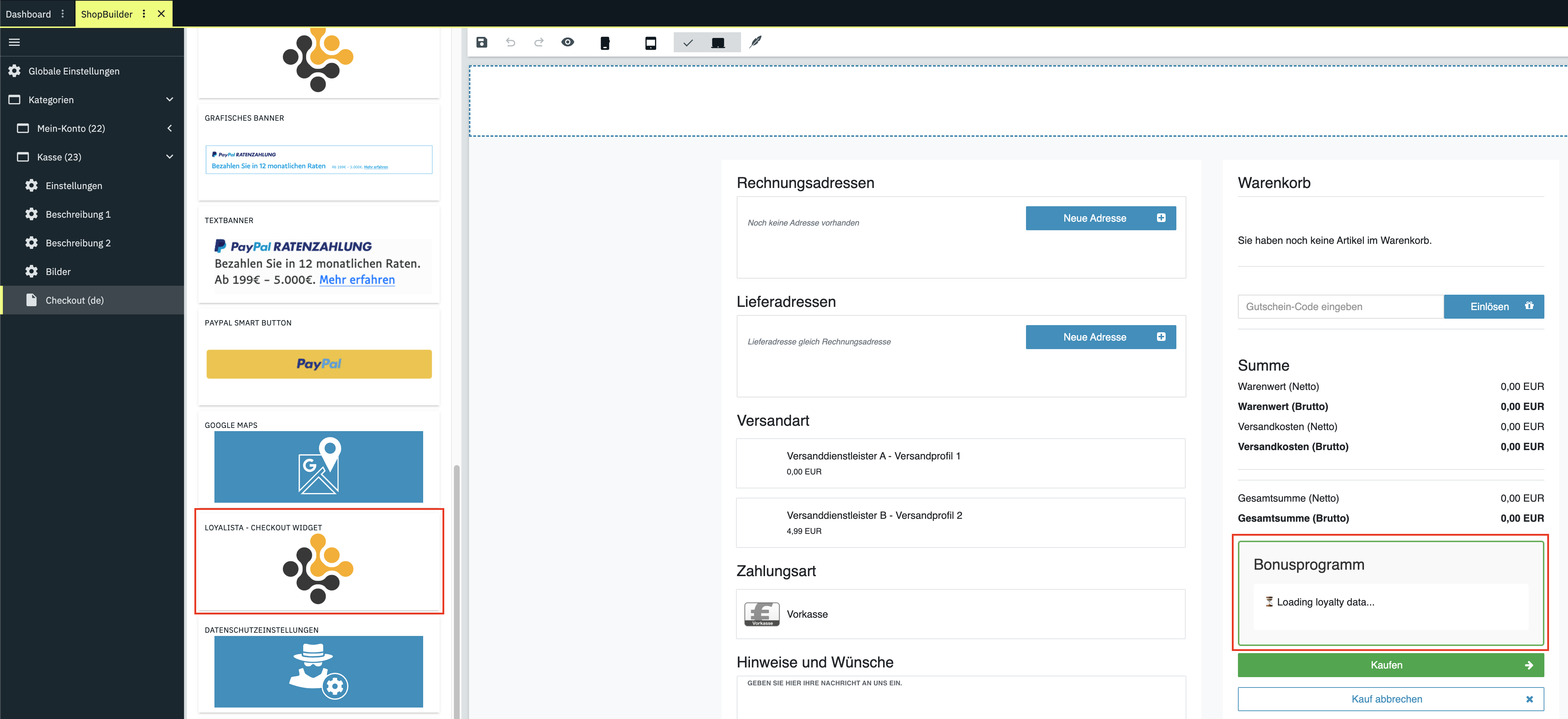 ShopBuilder Checkout Widget Platzierung