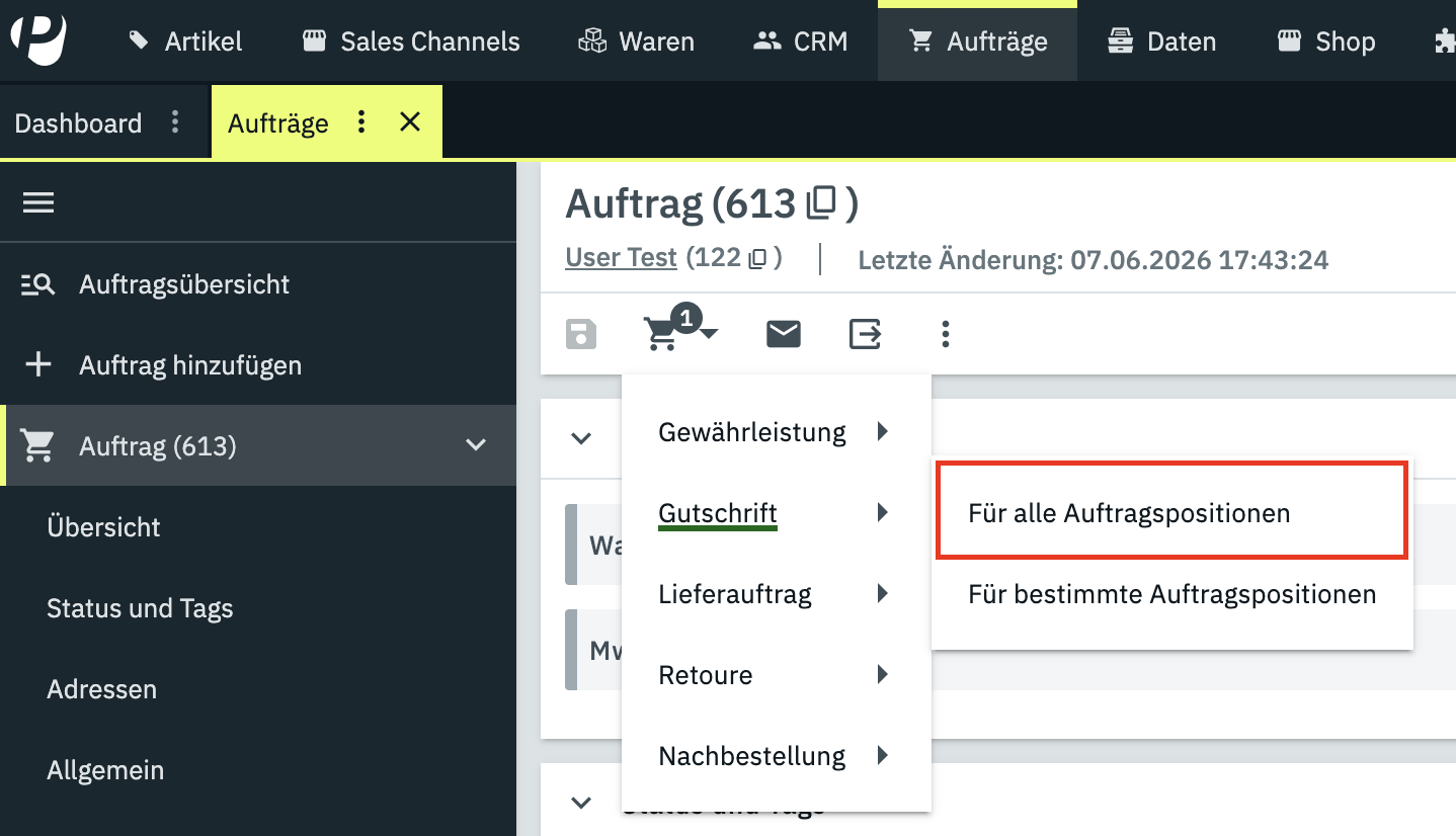 Create credit note for all order items in PlentyONE