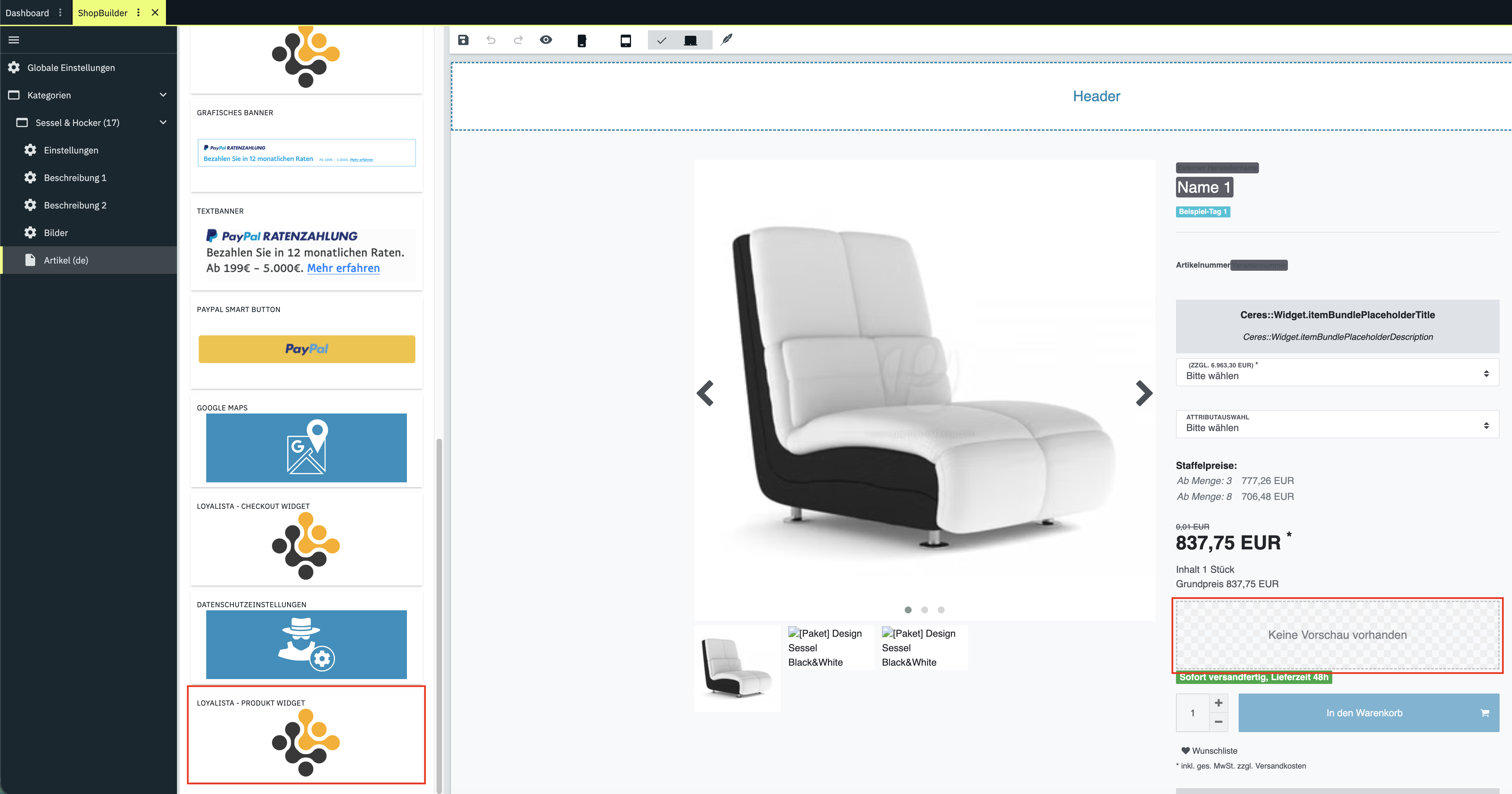 ShopBuilder Product widget placement