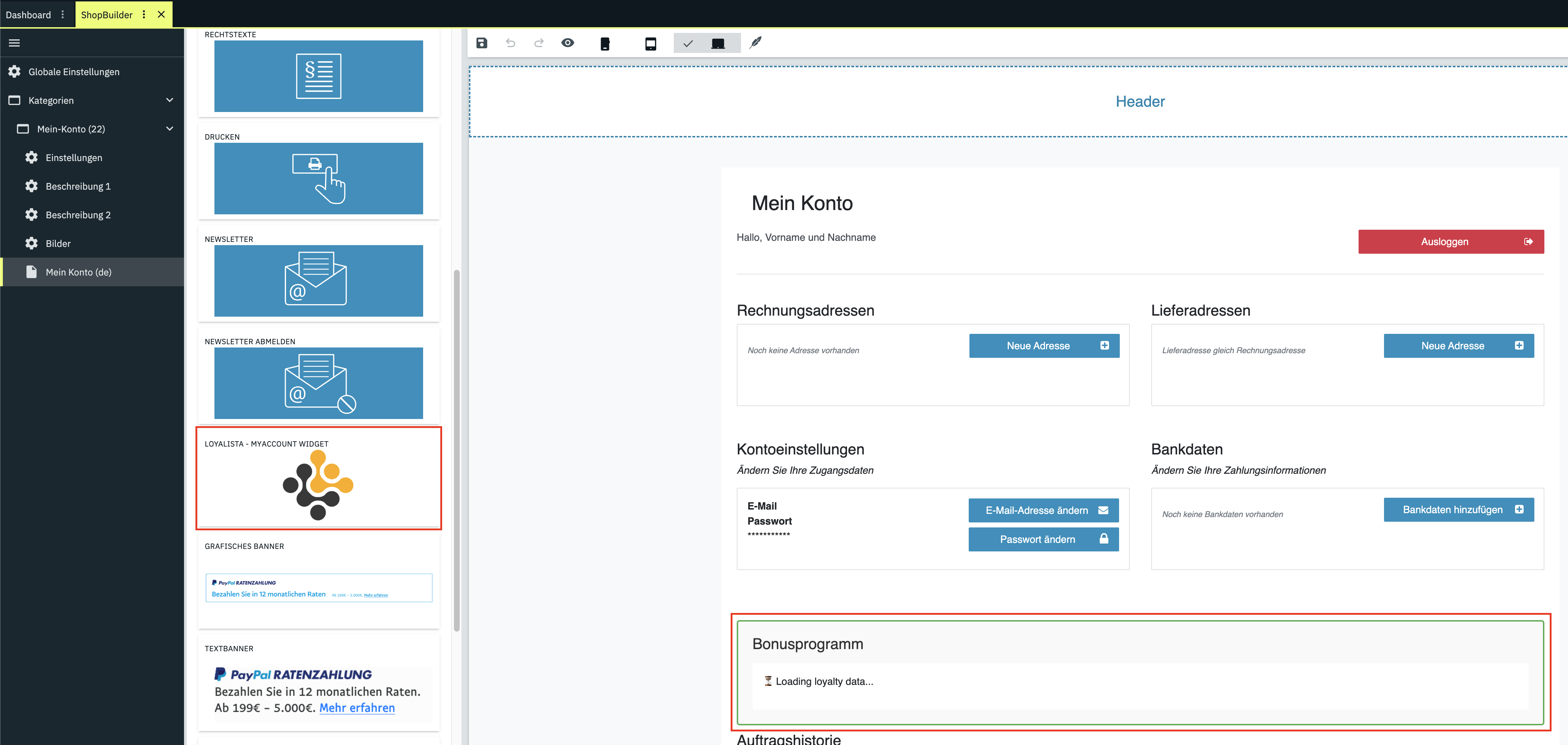 ShopBuilder MyAccount widget placement
